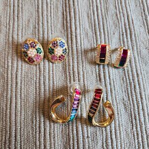 Earings: set of 3 faux rainbow crystal and gold tone